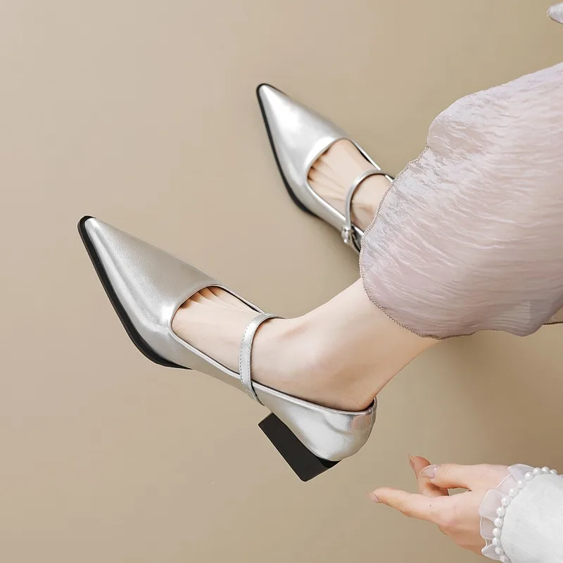 

Temperament Pointed Toe High Heels Women's New One-word Buckle Strap Bucket Head Shallow Mouth Stiletto Mary Jane Sandals