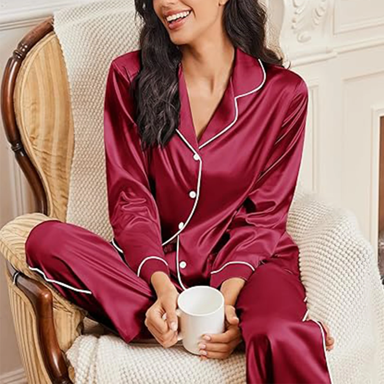 

Women's Christmas Satin Pajama Sets Red Green Contrast Color Trim Long Sleeve Button Down Tops with Pants 2pcs Soft Sleepwear