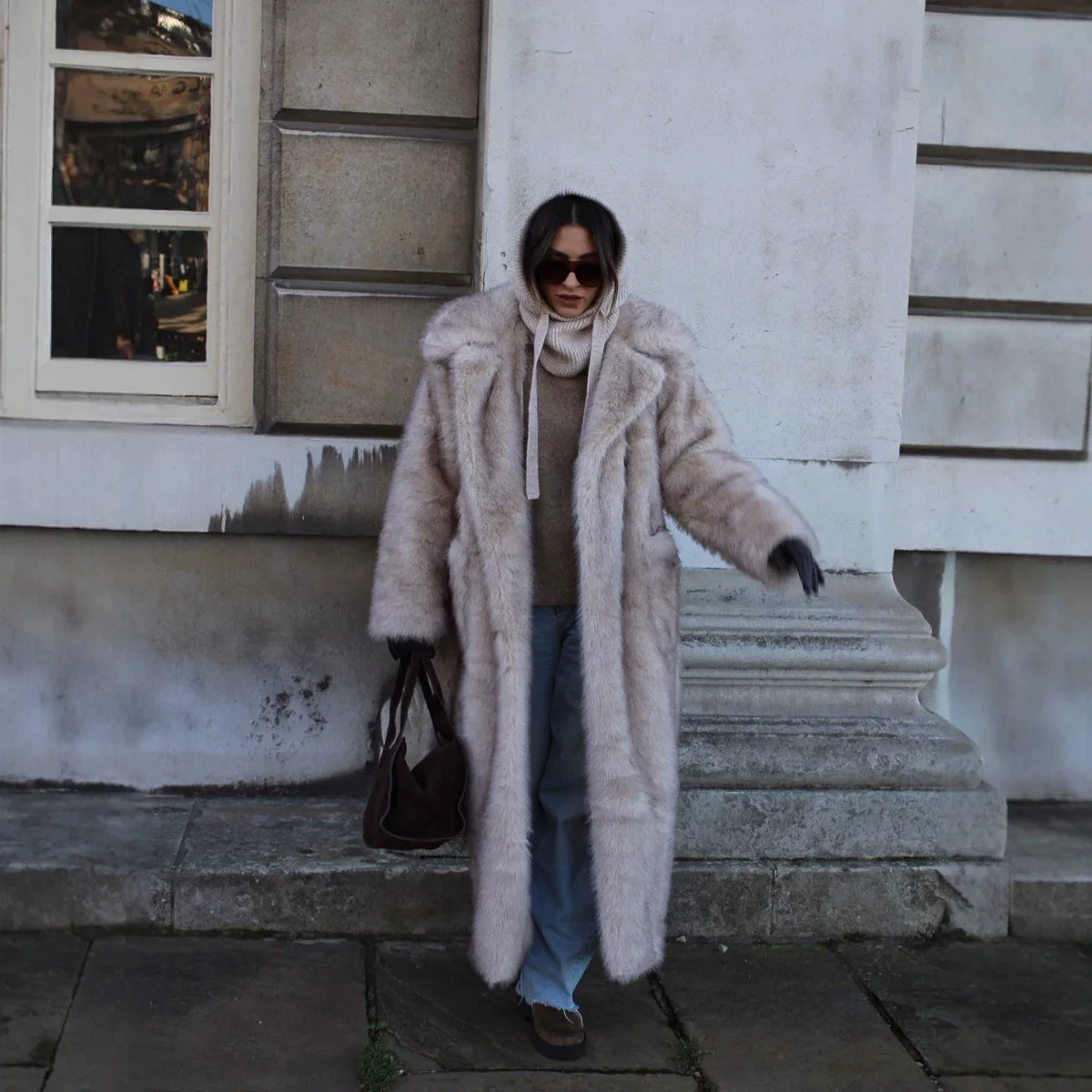 Women 2026 Winter Long Faux Fur Overcoat Lapel Collar Long Sleeve Loose Warm Furry Outerwear Street Style Coat