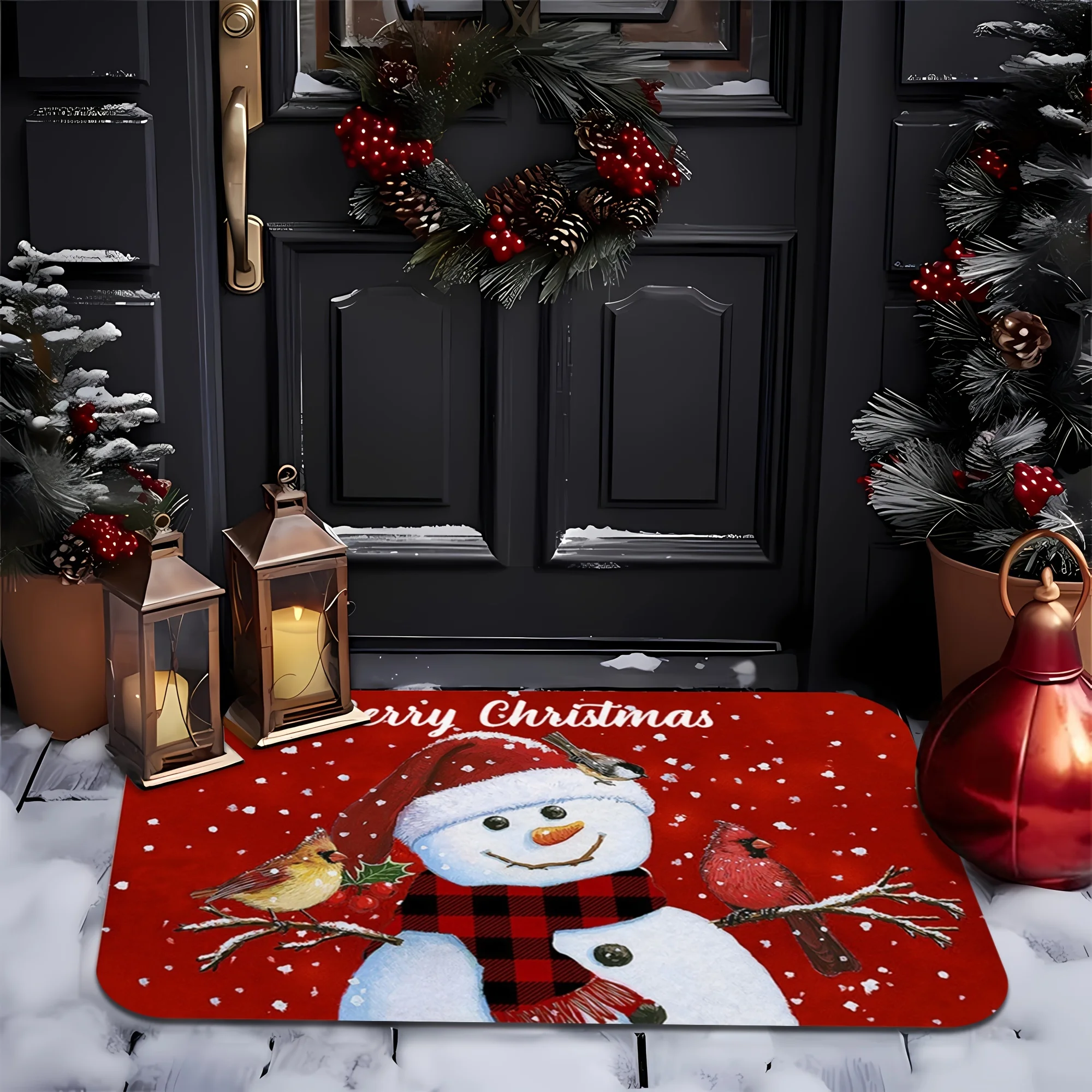 Christmas Snowman and Cardinal Birds Welcome Door Mats Room Decor Bathroom Non-slip Mat Bedroom Door Mat Xmas Decorations