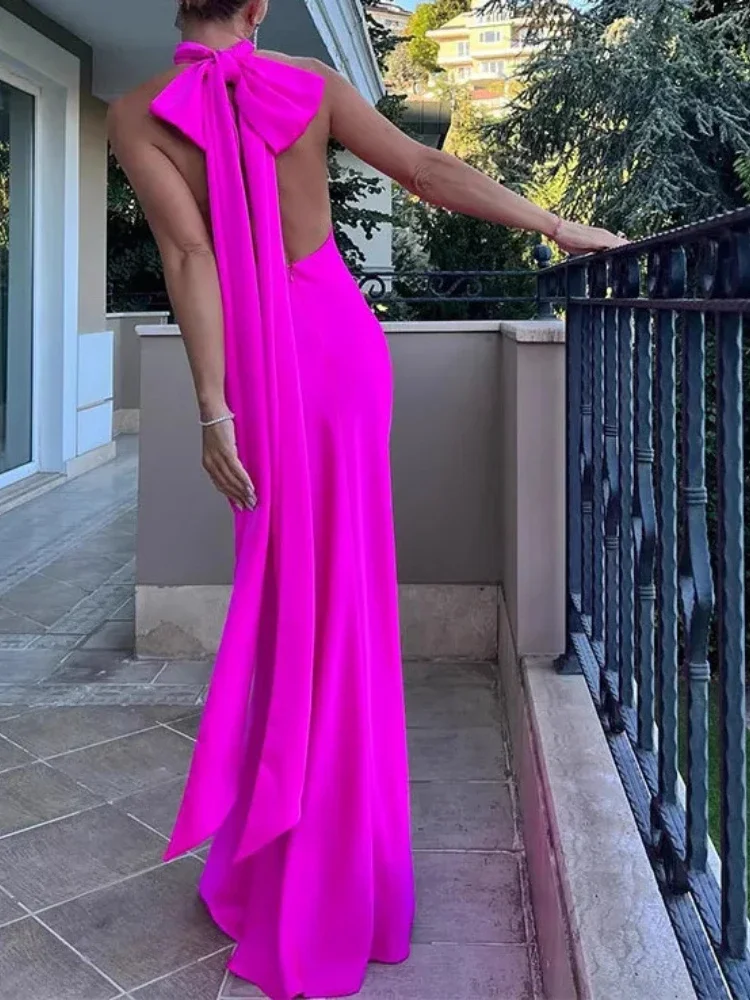 Abito lungo in raso da donna con temperamento elegante alla moda estiva, collo appeso, abito lungo in raso da donna sexy senza schienale