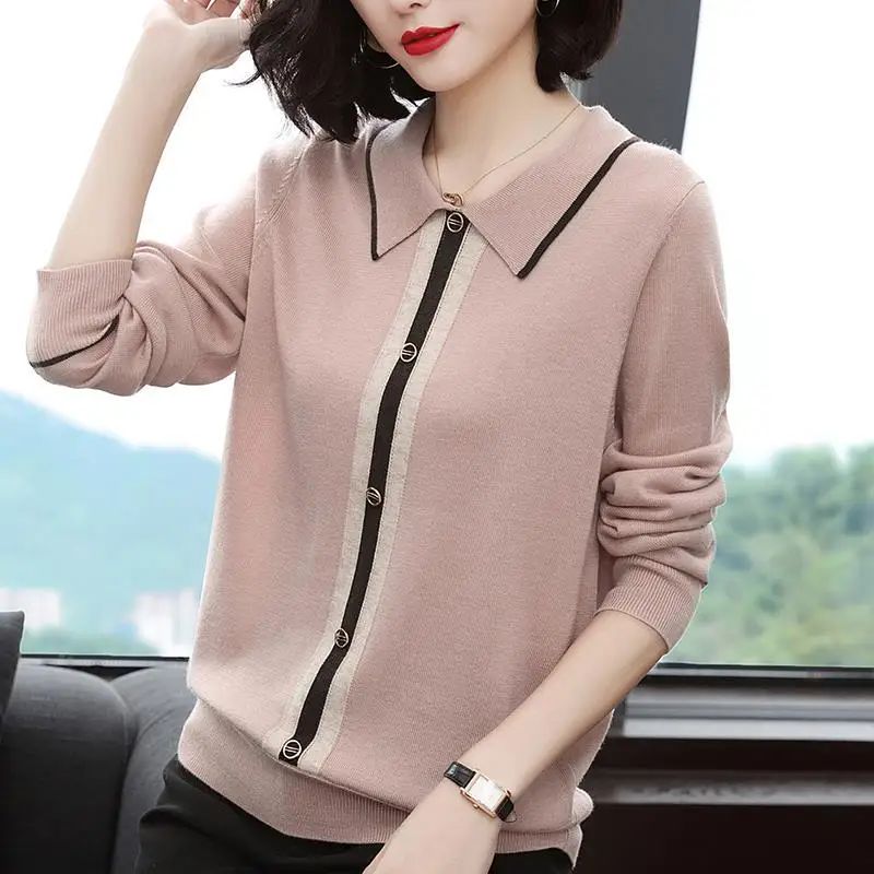 Fashion Simplicity Long Sleeve Loose Sweaters Office Lady Casual Polo-Neck Button Patchwork Knitted Pullovers Women\'s Clothing