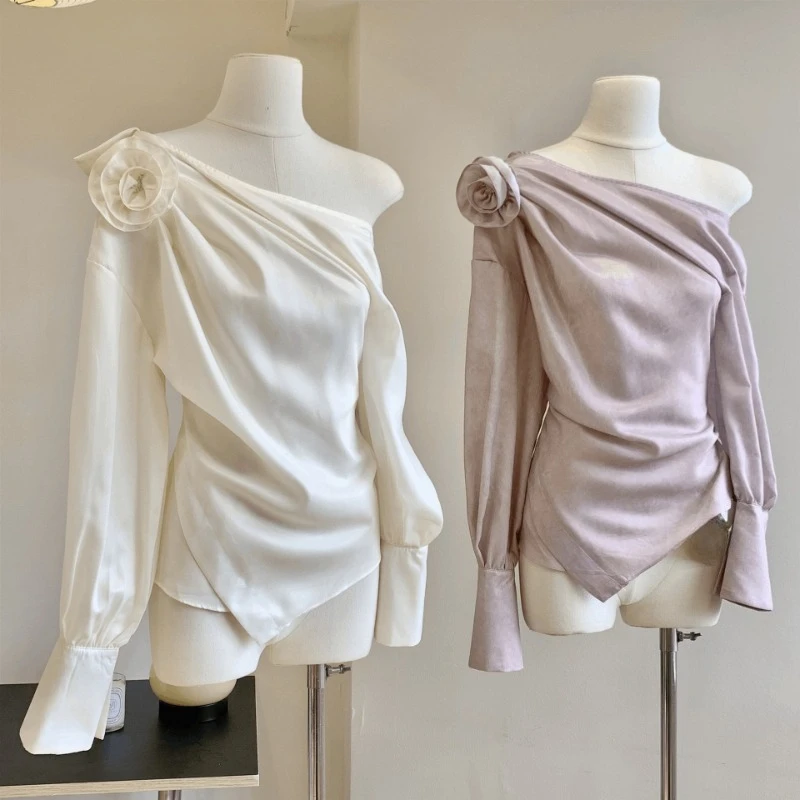 

Женские блузки в стиле Y2K с асимметричным воротником, 3D цветами, винтажные, облегающие, в стиле гранж, весна 2026, Харадзюку, с нерегулярными складками