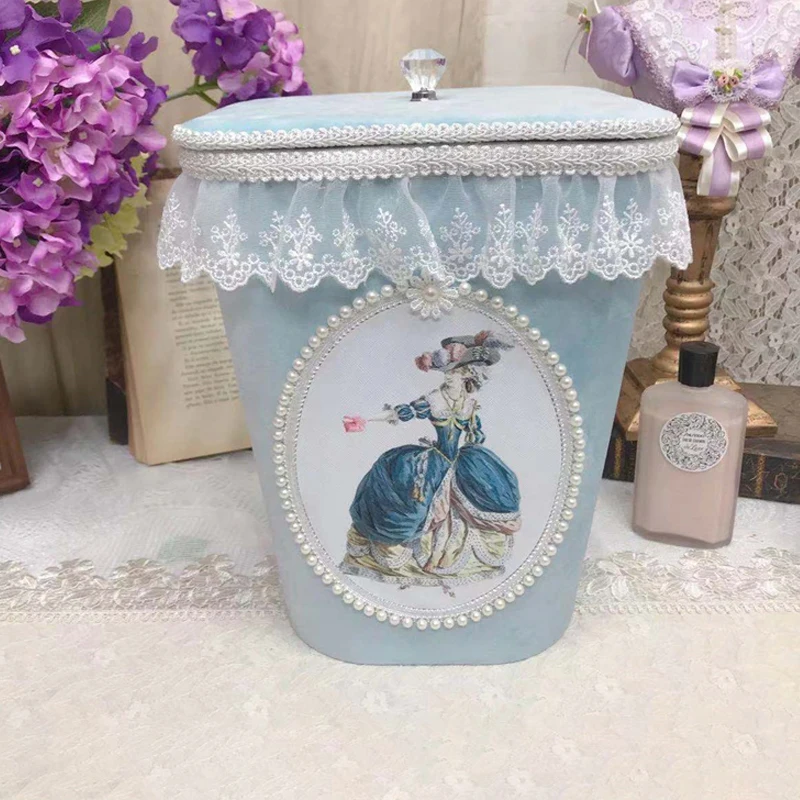 European Retro Storage Box Blue Italian Velvet Trash Can Pearl Printing Heavy Industry Fabric Waste Paper Sundries Sorting Box