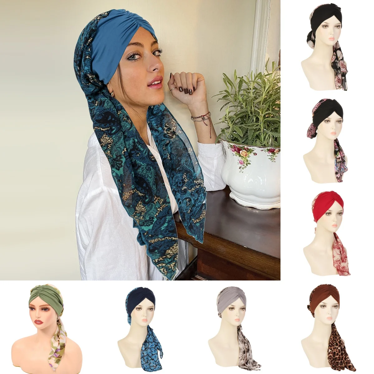 2025 New Women Pre-Tied Turban Cap Flower Print Muslim Hijab Cancer Chemo Hat Cover Hair Loss Head Scarf Wrap Strech Bandana