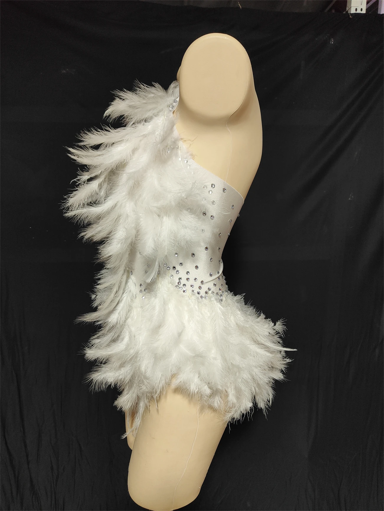 

Women White Rhinestone Feather Dance Costume Bodysuits Drag Queen Outfit Rave Festival Leotards One Size Body Suits
