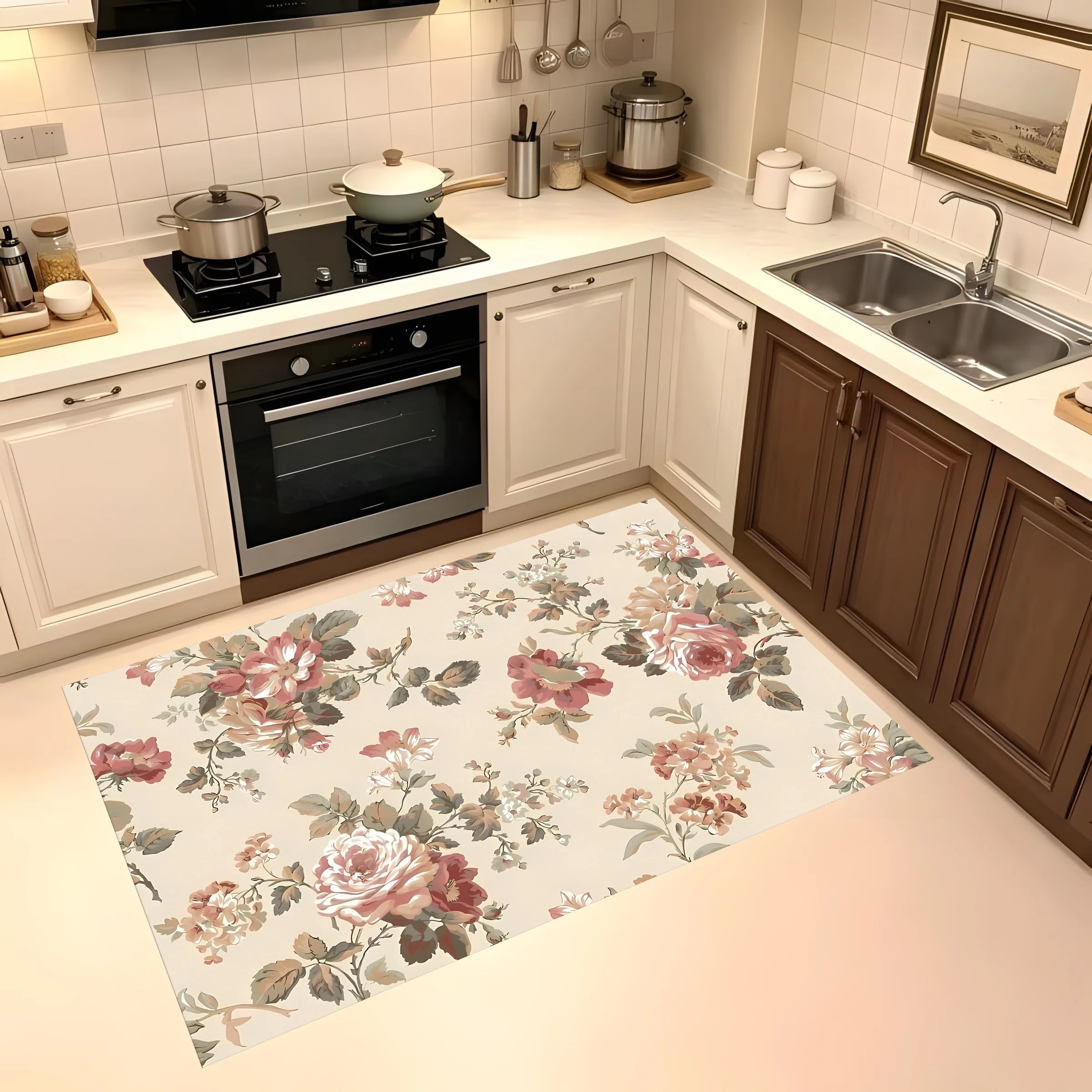2D Vintage Watercolor Rose Floral Rug French Country Style Living Room Bedroom Whole House Home Decor