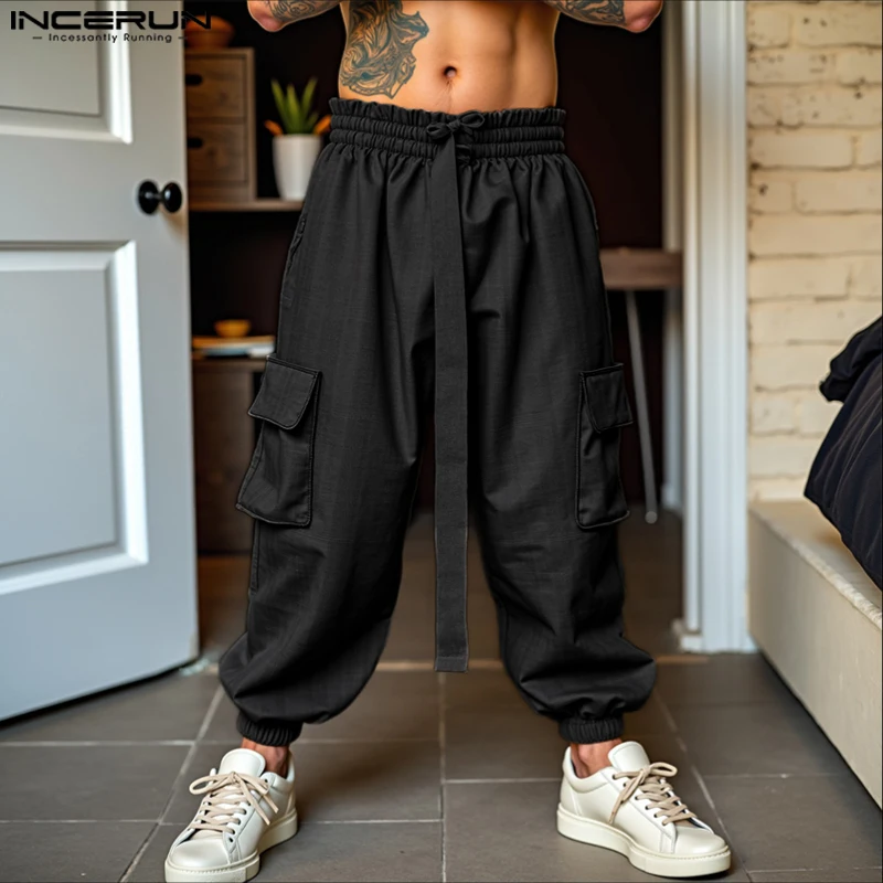 

INCERUN Men Cargo Pants Solid Color Lace Up Joggers Loose Casual Trousers Men Streetwear Pockets 2025 Fashion Male Long Pants