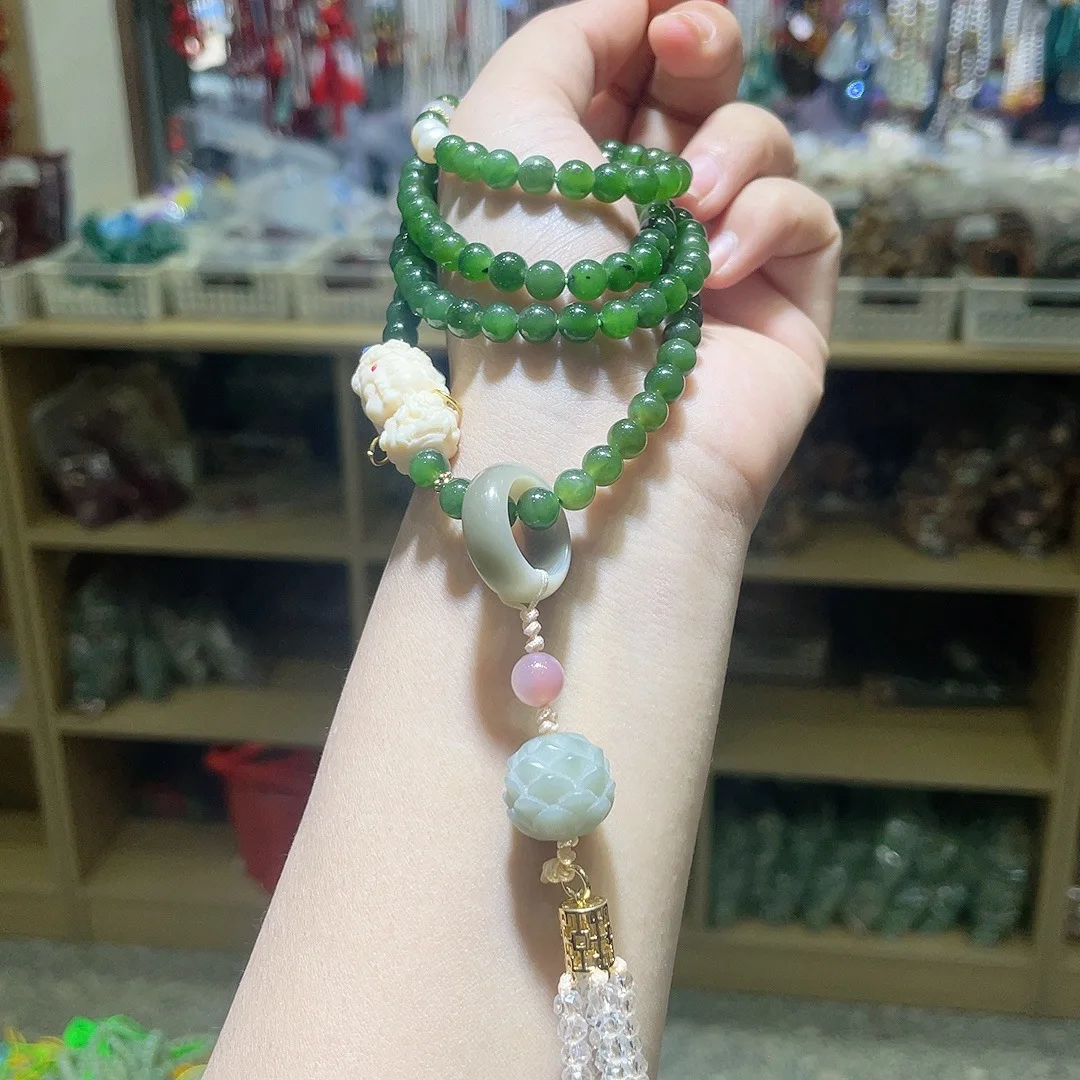 

Hetian Jade Jasper Plus Ivory Fruit Tara Plus Lotus Flower Plus Freshwater Pearl with Tassel Fashionable Long Sweater Chain