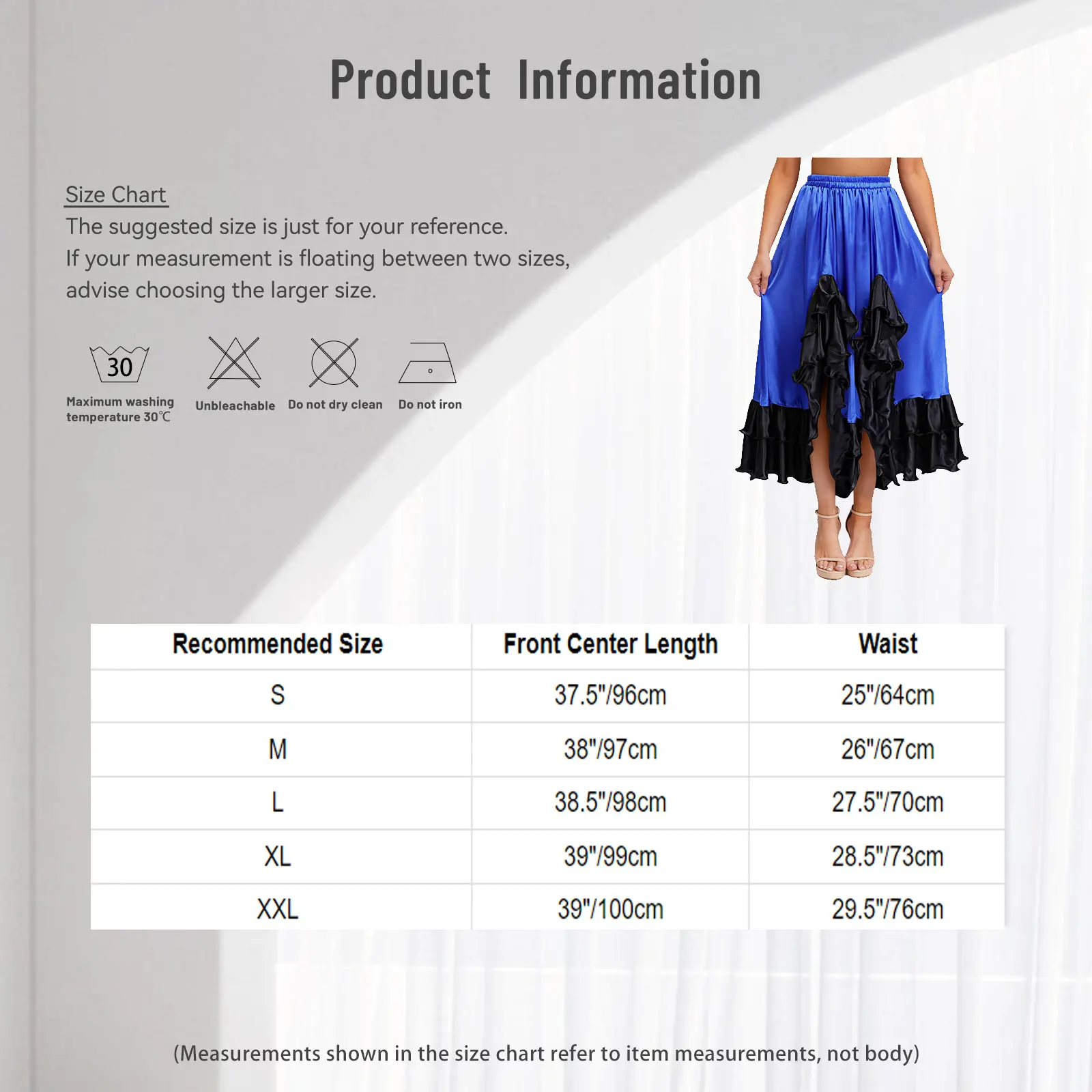 Womens Classical Flamenco Dance Skirt Ruffled Trim Irregular Hem Contrast Color Satin Big Swing Skirt for Spanish Dance Tango