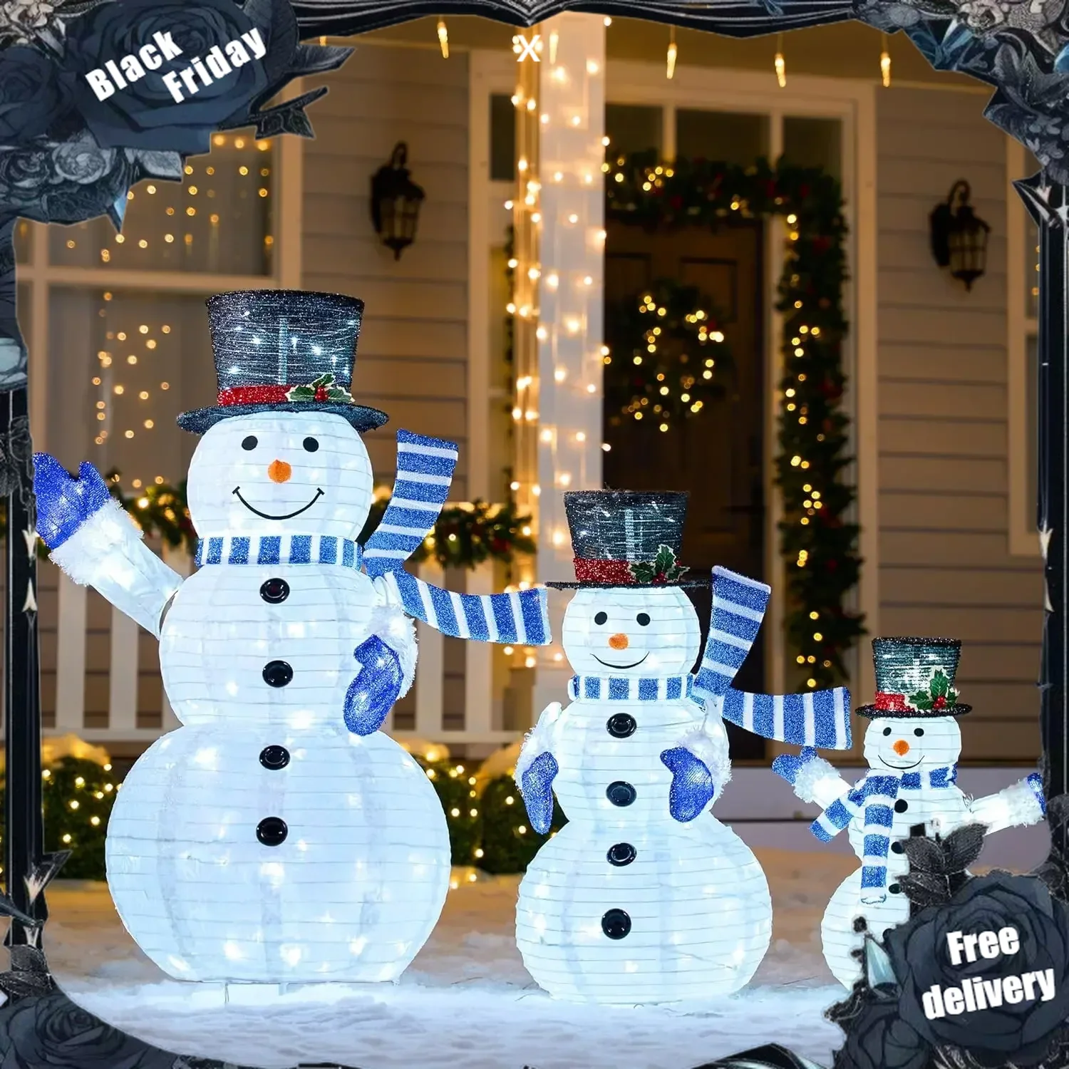 3 Pcs 3D Christmas Collapsible Snowman Yard Light 270 Pre-Lit LED Cool White Lights for Indoor Outdoor Garden Holiday Décor