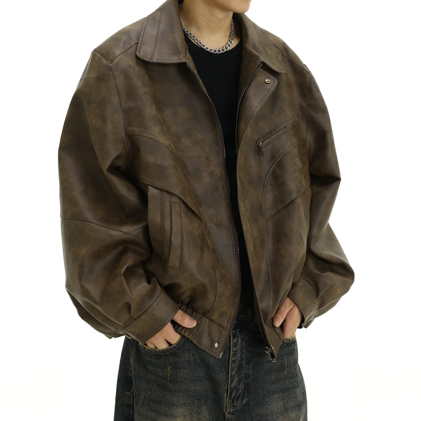 

Европа и Америка, новая мода, мужские повседневные модные простые базовые пальто из искусственной кожи с отложным воротником и длинными рукавами, мужские куртки, топы