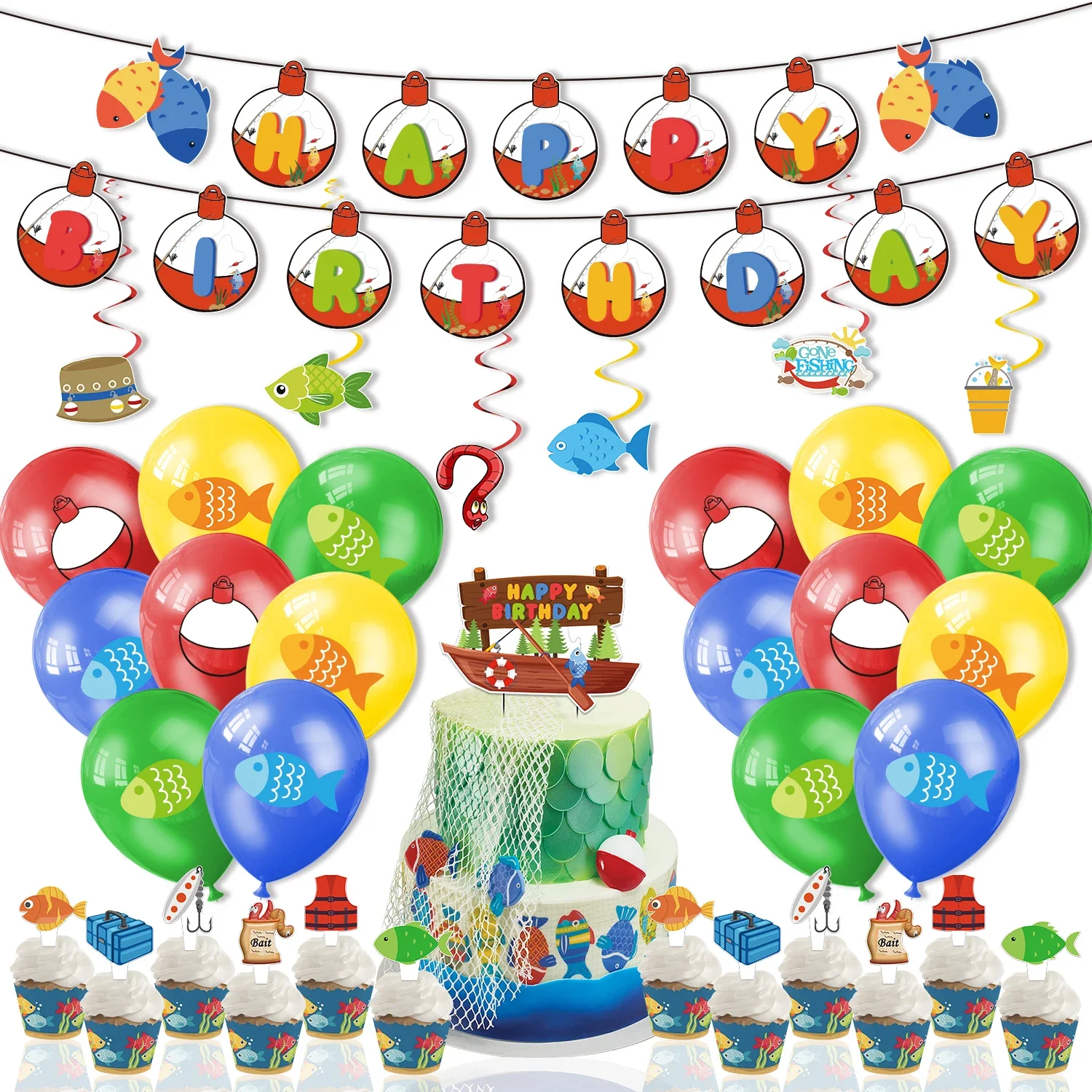 

SURSURPIRSE Go Fishing Theme Birthday Party Decoration Fish Print Balloon Kit Banner Cake Topper Kids Birthday Party Supplies