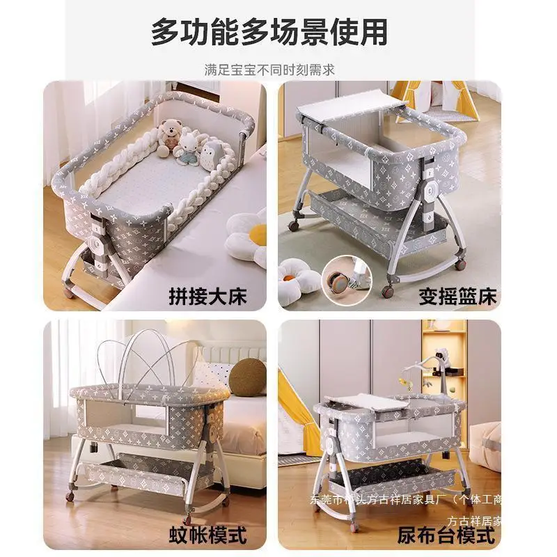 Portable removable baby, foldable adjustable height, spliced queen bed, cradle, guardrail bb bed