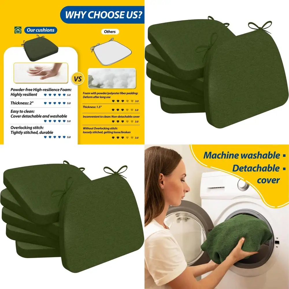 

Set of 6 Dark Olive Green 17x16 Inch Thick Chair Cushions with Ties and Washable Covers