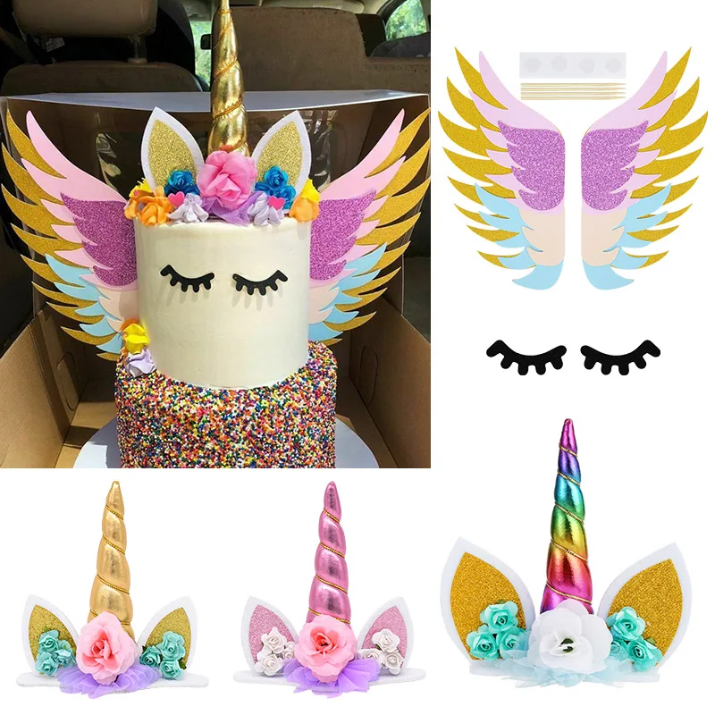 Unicorn Cake Topper Rainbow Horn Kids Girl Birthday Party Cake Decoration Tools Baby Shower Wedding Unicorn Theme Party Supplies