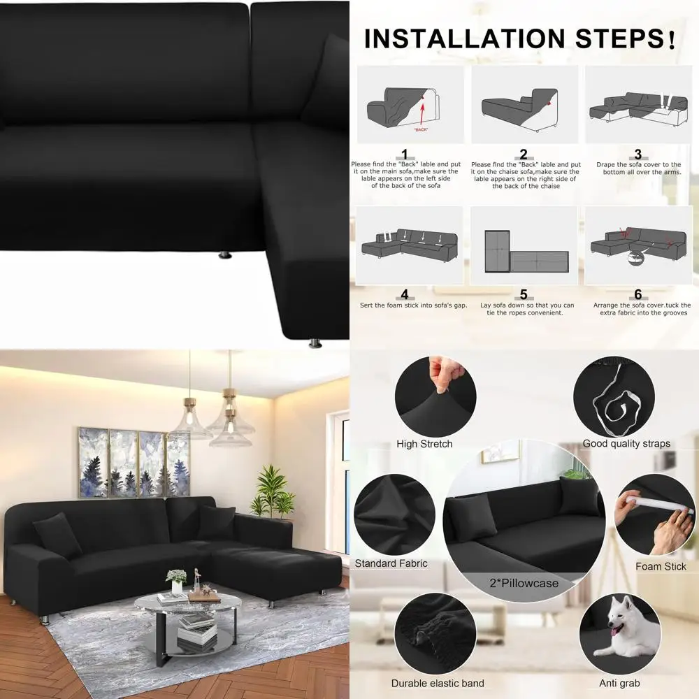 

Black 3+3 Seater L-Shape Sofa Cover with 2 Pillowcases, Stretch Slipcovers for Sectional Couch Protection