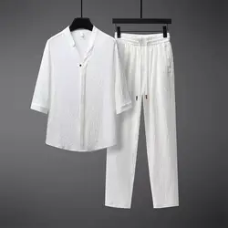 Chinese style Shirts + Pants summer 100% Cotton linen Sportswear Men's Casual Sets spring Male Fashion Chinese style trousers