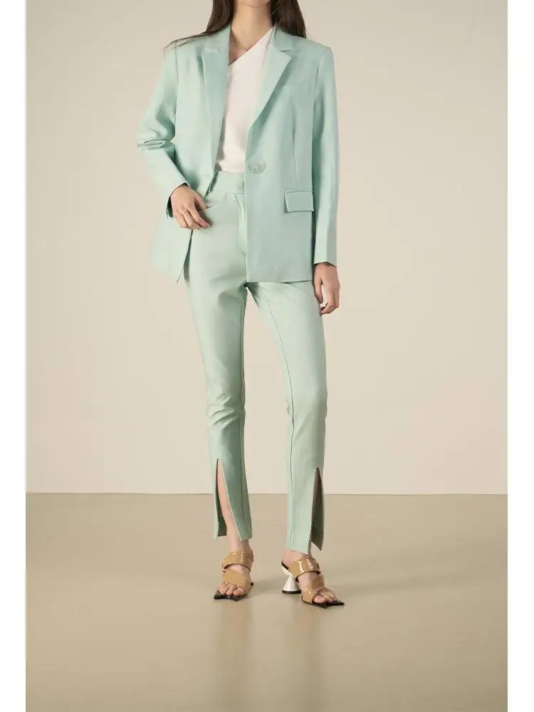 

LAN VIVIER aron Mint Loose Single Button Split Suit Pants Set Original Design Ladies' Spring Faion Long Sve Midi Coat