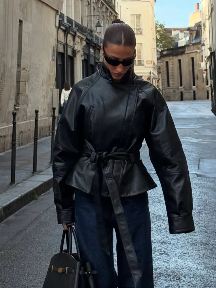 여성 빈티지 숏 윈드브레이커 여성 스트리트 패션 가죽 코트 솔리드 라펠 지퍼 플라이 레이스업 비대칭 캐주얼 재킷