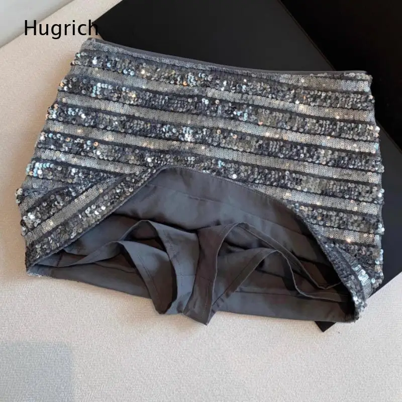 Gradient Stripe Sequin Mini Skirt Built-In Safety Shorts High Waist Wrap Ruched Slim Sparkly Nightclub Party Short Skirt