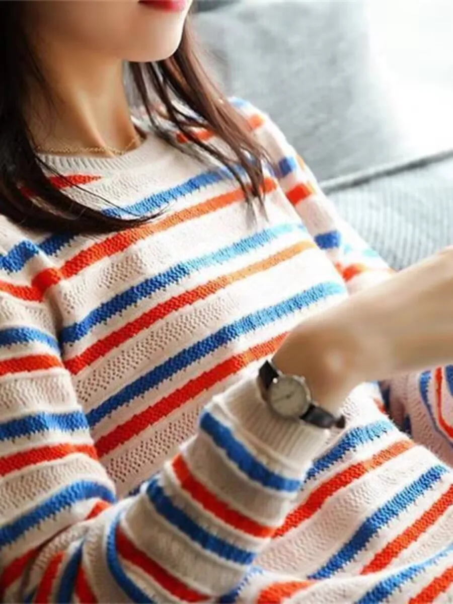 2024 Korean Version Charming Striped autumn winter women's O-neck pullover High Quality sweater loose Classy Eye-catching