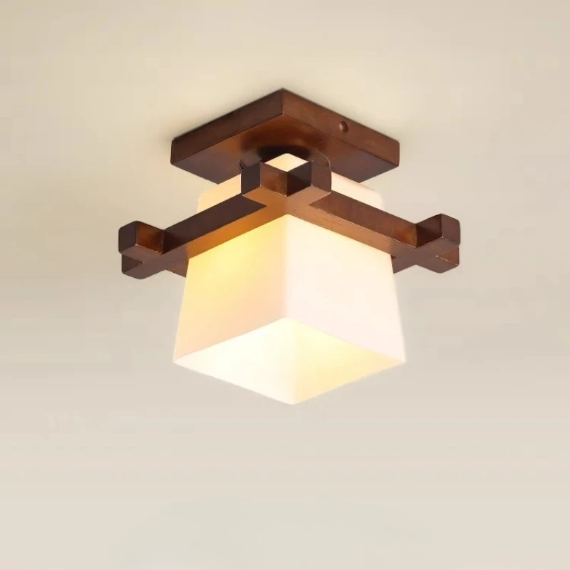 Japanese Minimalist Glass LED Ceiling Lights Wooden Square E27 Lamps for Living Room Bedroom Corridor Aisle Entrance Home Decor