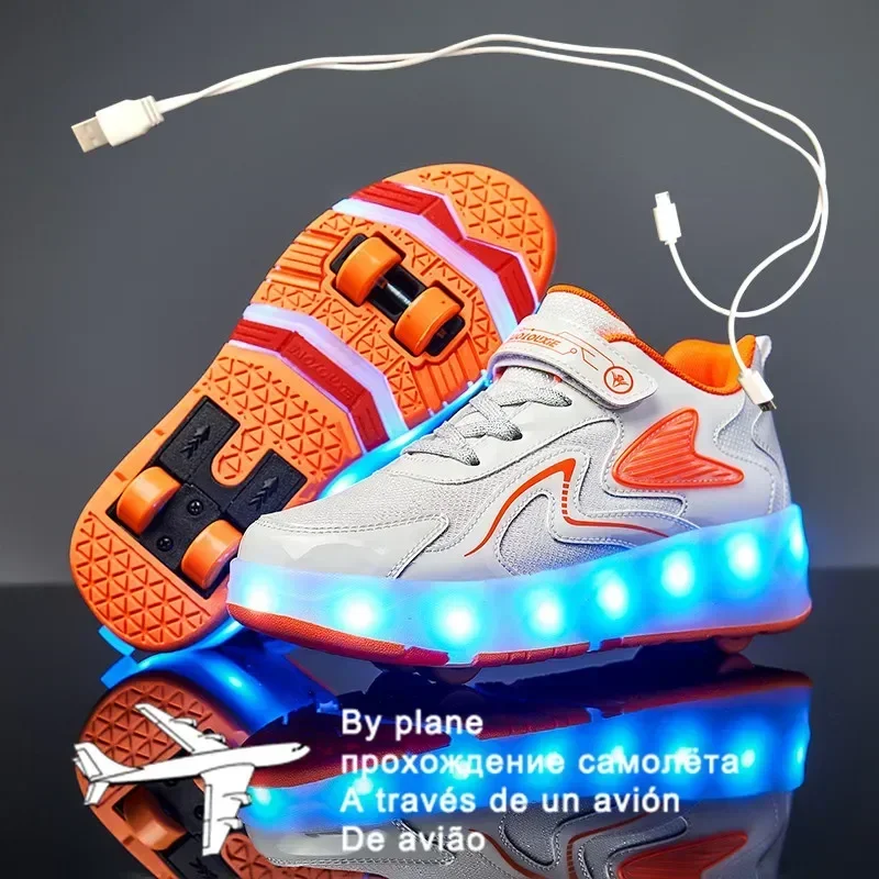 Children Four Wheels Luminous Glowing Sneakers Black Pink Led Light Roller Skate Shoes Kids Led Shoes Boys Girls USB Charging 43