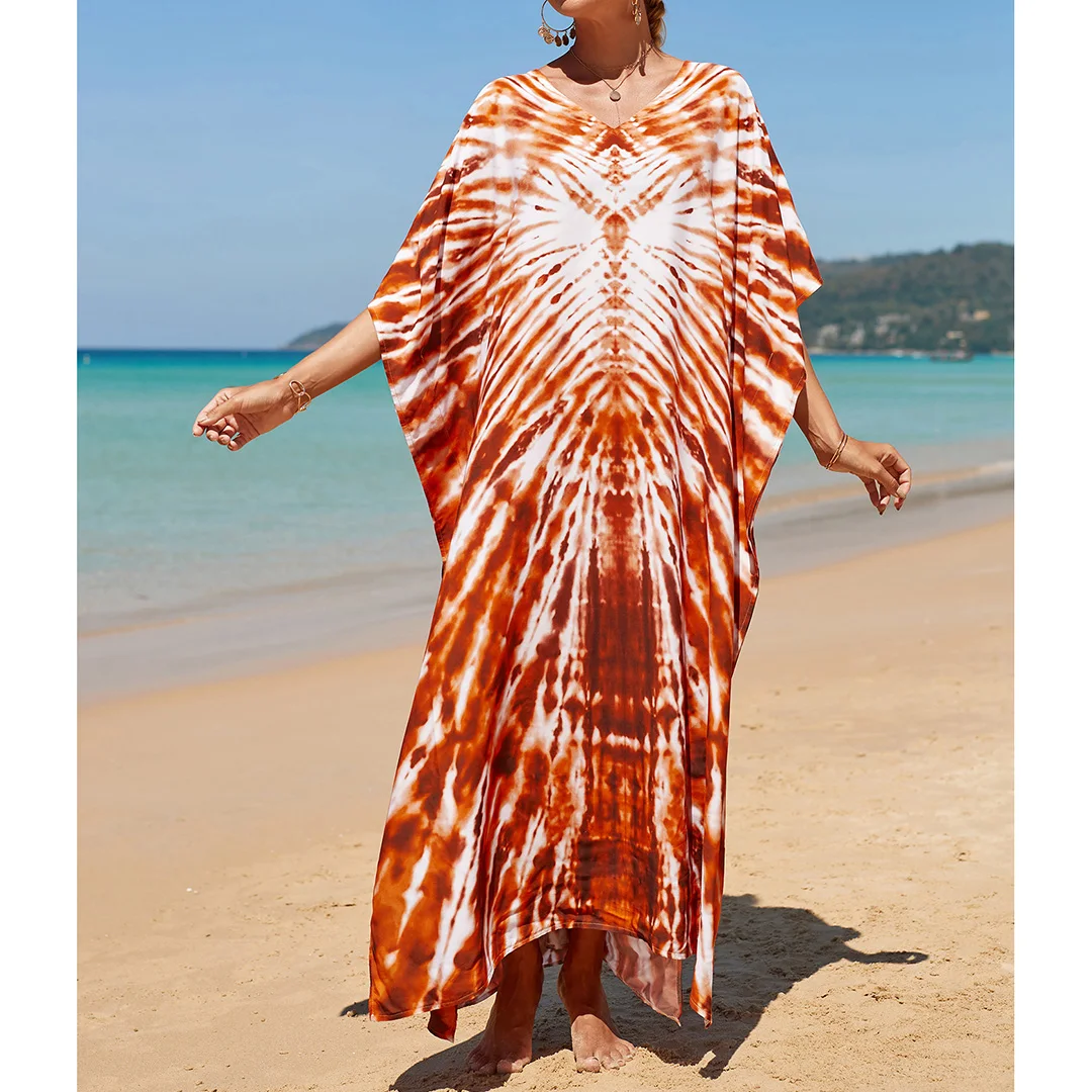 2026 Neues Buntes Kaftan-Tunika Strandkleid Strandmode Strandüberwurf Locker Sitzendes Maxikleid für Damen V4428 – Detail 34