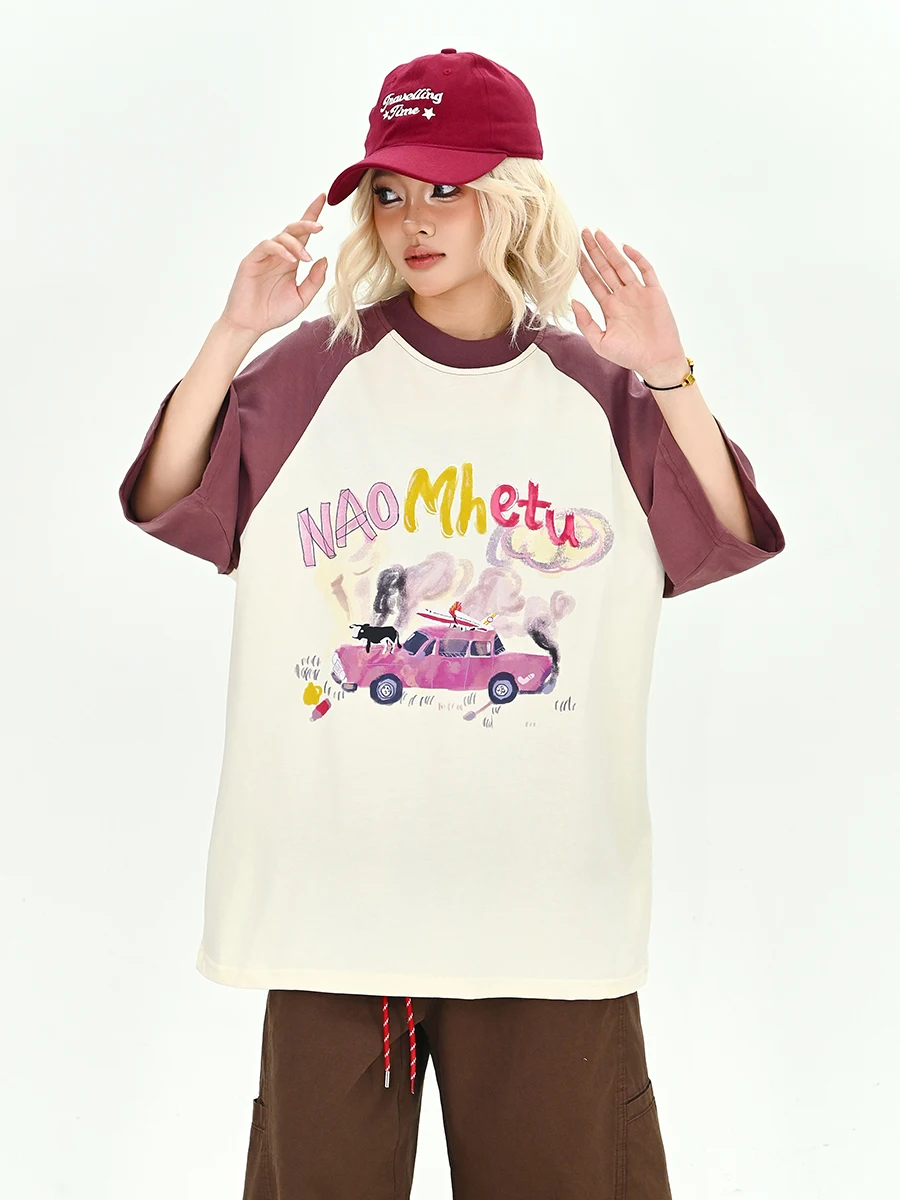 

Summer New Loose Women's round Ne ort Sve T-irt Color Blo Street Sle Retro American BF Sle Couple's Top