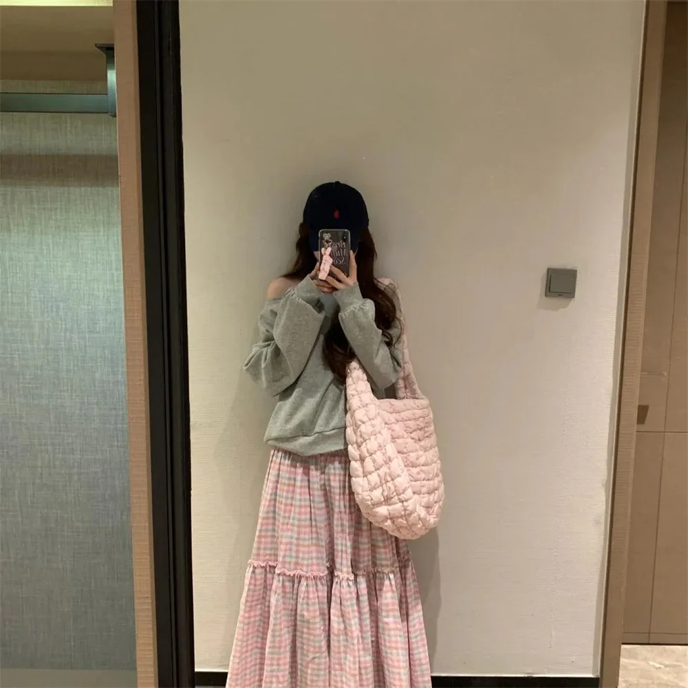 Sweet Lovely Pink Plaid A- Line Cake Half Skirts Women Y2k Casual Loose Slim Midi Skirts Japanese Vintage Chic Mid-length Skirts