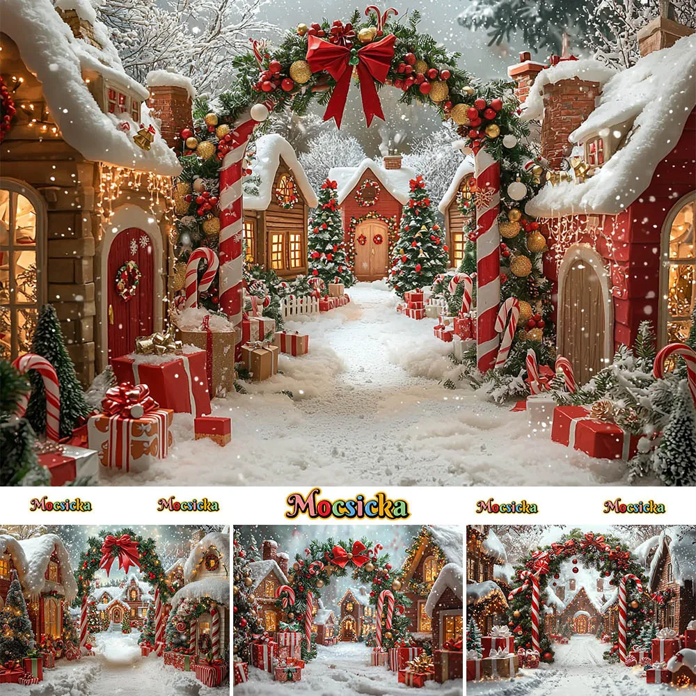 Mocsicka Photography Background Winter Christmas Town Garland Snow Decoration Supplies Boys Girls Portrait Photo Backdrop Studio