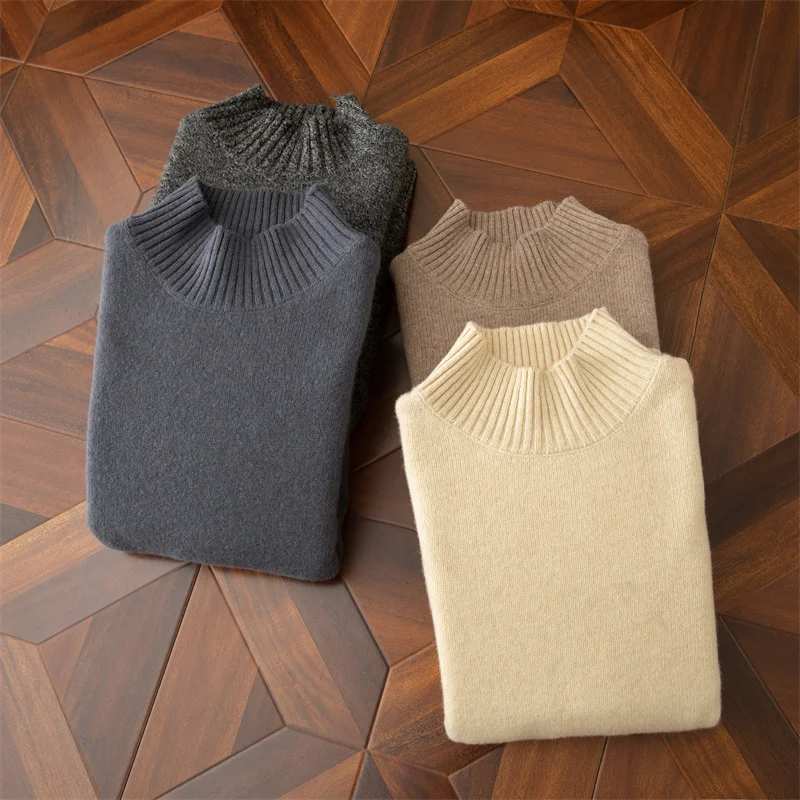 Autumn and winter new wool sweater men's semi-high collar pure color pullover casual business knitting undershirt