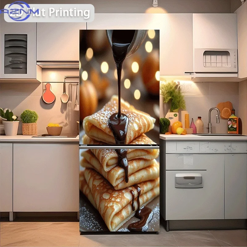 1pc 2D Flat 2D Printed 2D Graphic Design Refrigerator Sticker, , Chocolate Sauce Drizzled on Stacked Pancakes, Self-Adhesive W