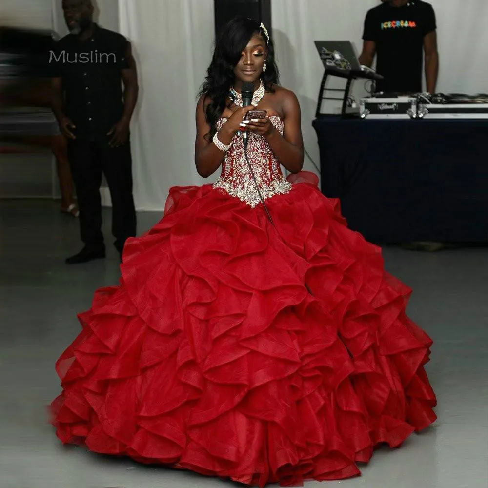 African Black Girls Red Quinceanera Dresses Ruffles Organza Crystal Beaded Strapless Bandage Sweet 16 Birthday Dress Customized