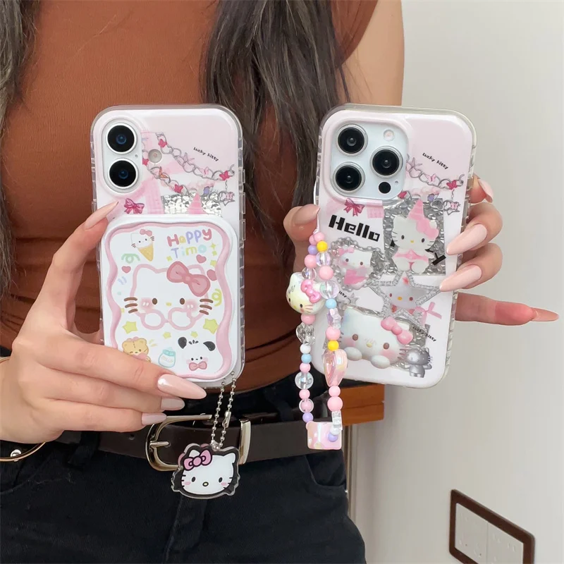 

Korean Cute Star Hellokitty Mirror Stand Phone Case For iPhone 17 16 Pro 15 14 Pro Max Cover with Chain Shockproof Cases
