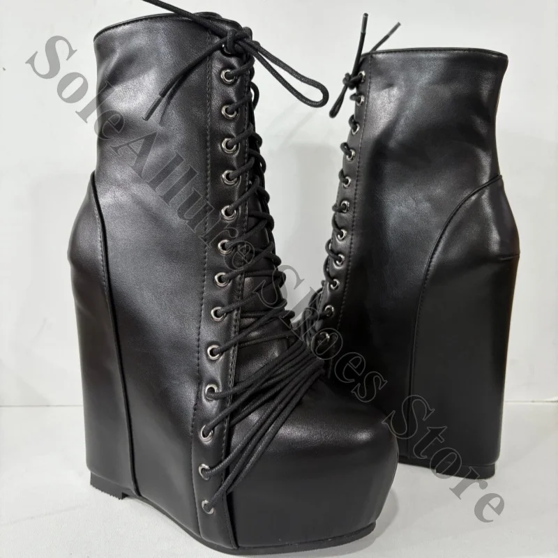 Black Lace-Up Platform Wedge Ankle Boots Smooth Faux Leather Hidden Wedge Heel Shoes Round Toe High Platform Gothic Wedge Heels