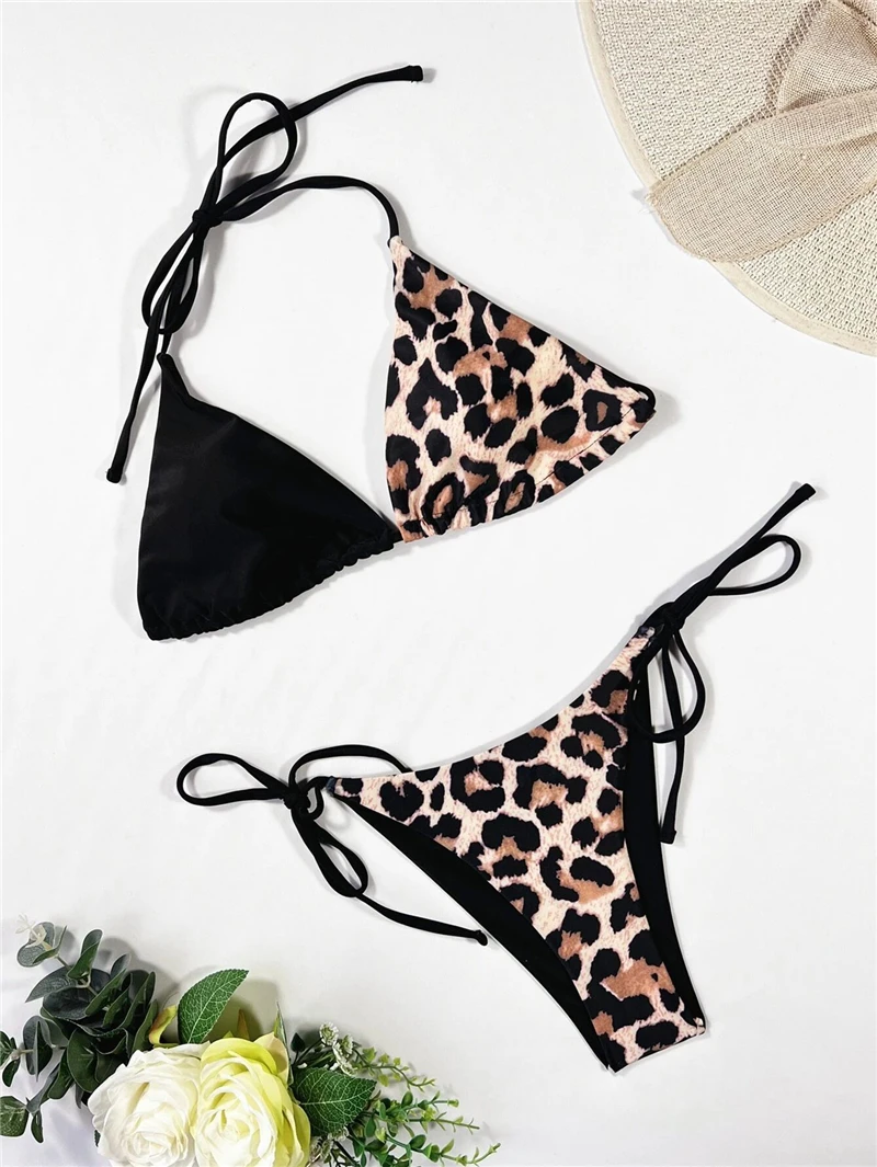 Women Sexy Bikini Leopard Swimsuit Feminine Bikinis Set Adjustable Bandage Swimwear Summer Beachwear Female Bathing Suit Halter