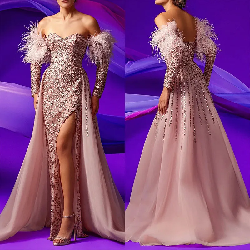 Luxe Zeemeermin Prom Dress Lieverd Van Schouderveren Glanzende Rugloze Kant Split Op Maat Gemaakte Feestjurk Vestido De Noite