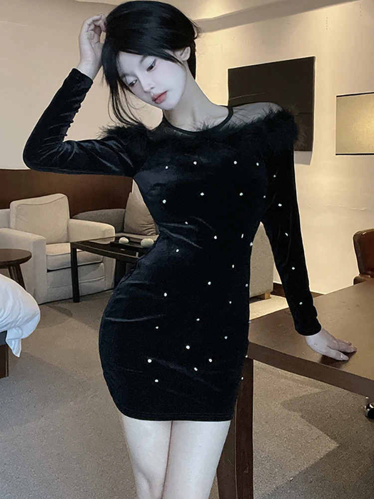 Vestido corto coreano Vintage Hepburn para mujer, minivestido Sexy transparente de terciopelo negro con diamantes, vestido elegante de fiesta de lujo, otoño e invierno, 2024