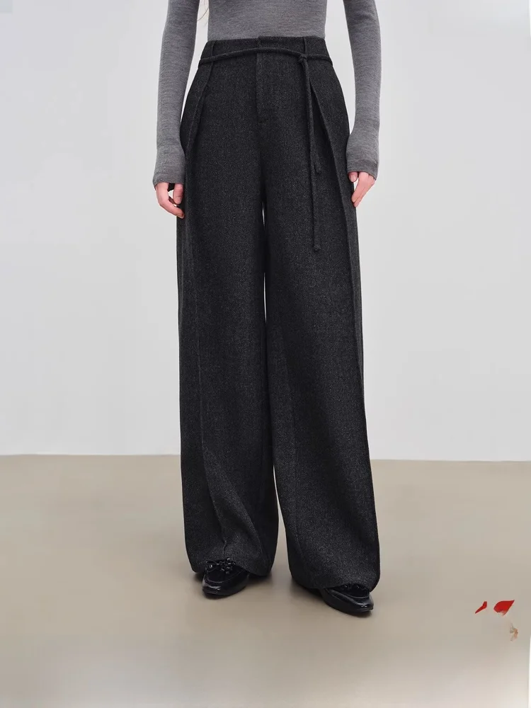 

Women's Thiened Woolen Casual Pants ey Wide Leg Floor-Length Trousers High Waist Zipper Pure Color Commute Sle