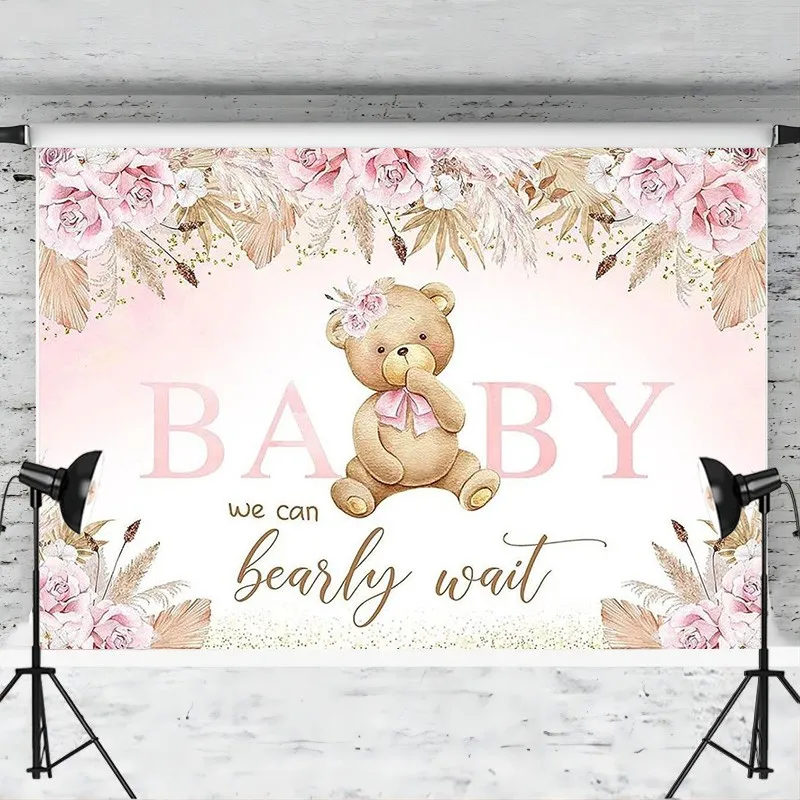 Boho Bear Baby Shower Backdrop, We Can Bearly Wait, Pink Floral Party Decorations, Bohemian Pampas, Enge Photography Background