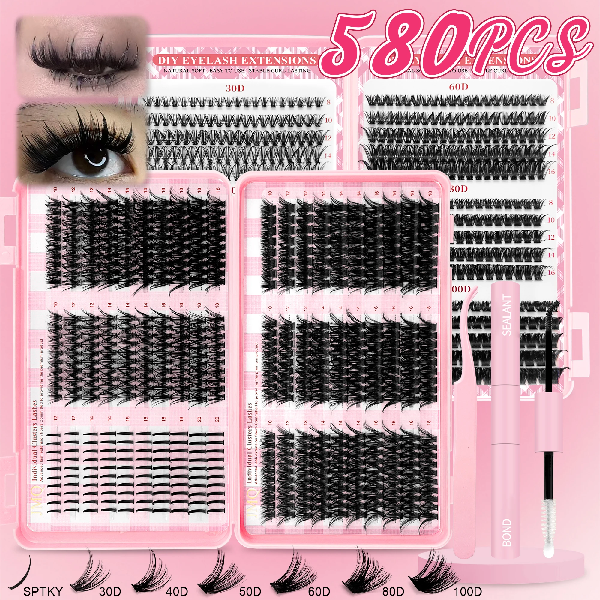 580PCS Mega Lash Cluster Kit Ultieme wimperextensionsbenodigdheden met lijmapplicator Pincet voor oefenen Volledige set volumelook