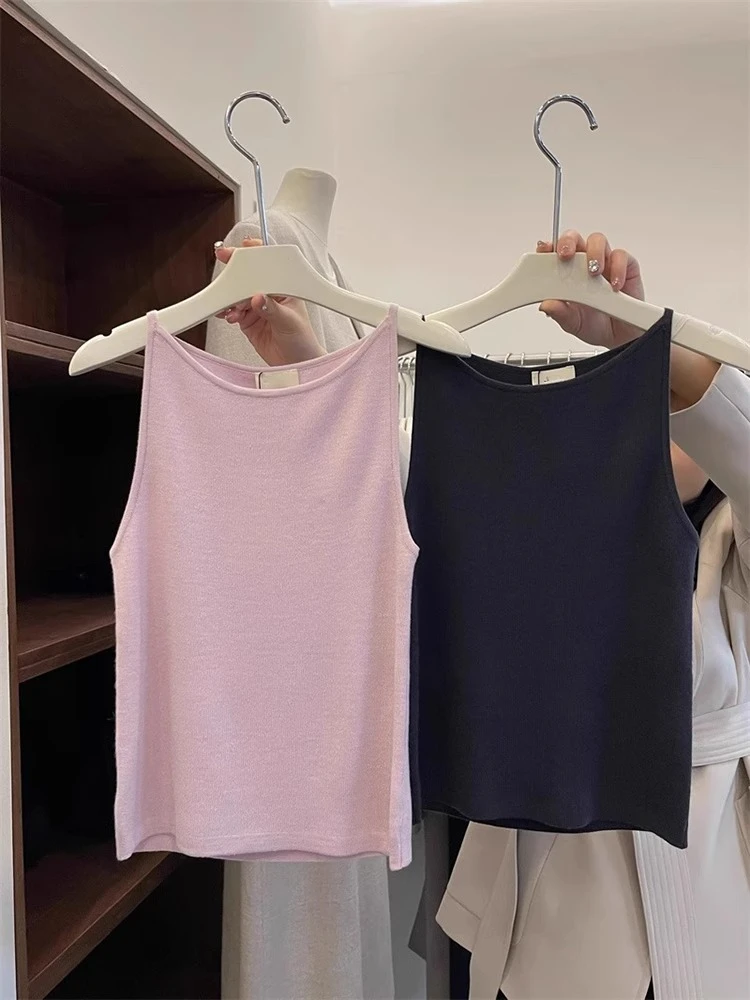 Elegant Knitted Sleeveless round Neck Vest Women's Inner Wear Thin Summer Top for Underarm Coverage Base Layer Outerwear