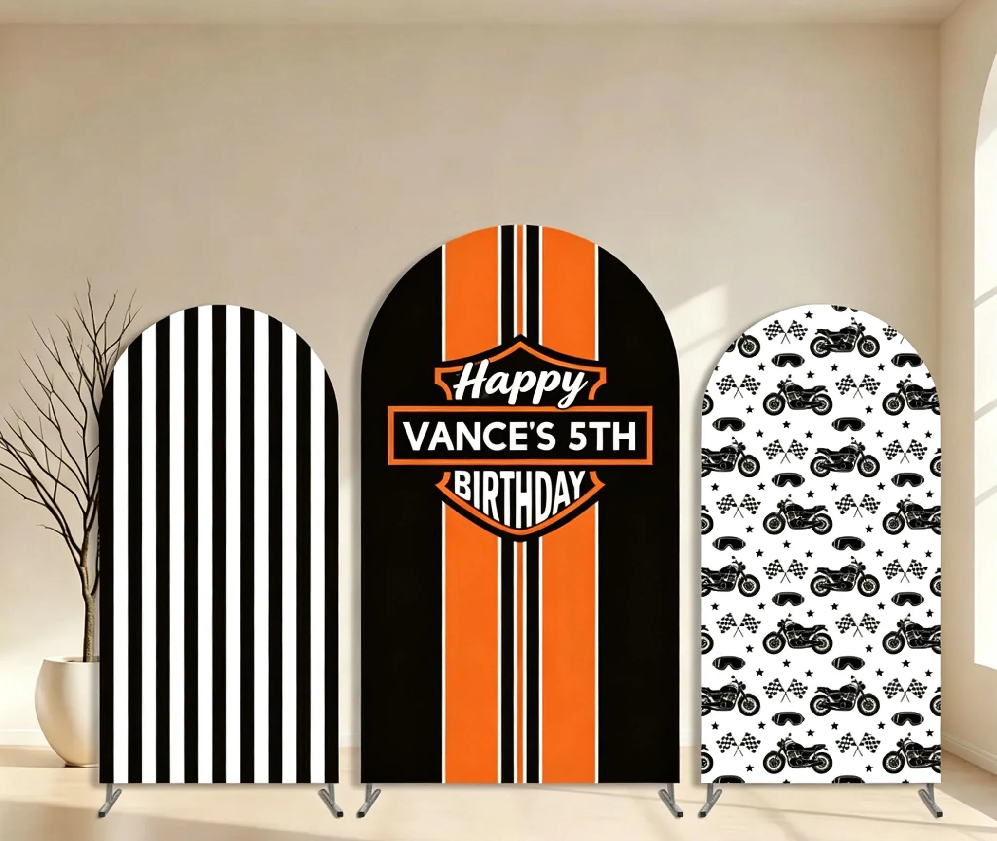 Custom 2-Side Motorcycle Baby Shower Arch Backdrop Cover Black and White Stripes Birthday Party Photography Background