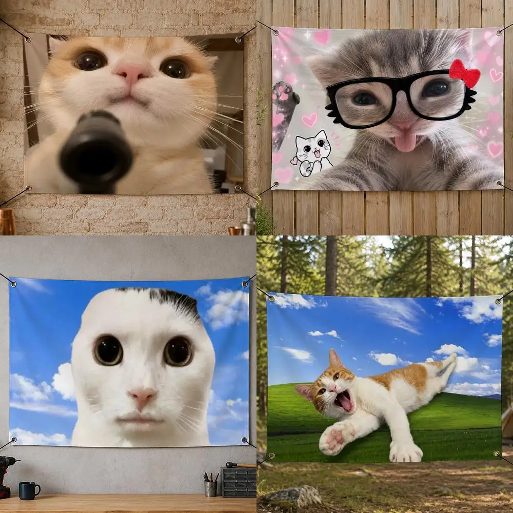 Meme Internet Popular Trendy S-Silly Cat Meme Flags Flag Banner for Bedroom Dorm Party Home Living Room Game Room Gift