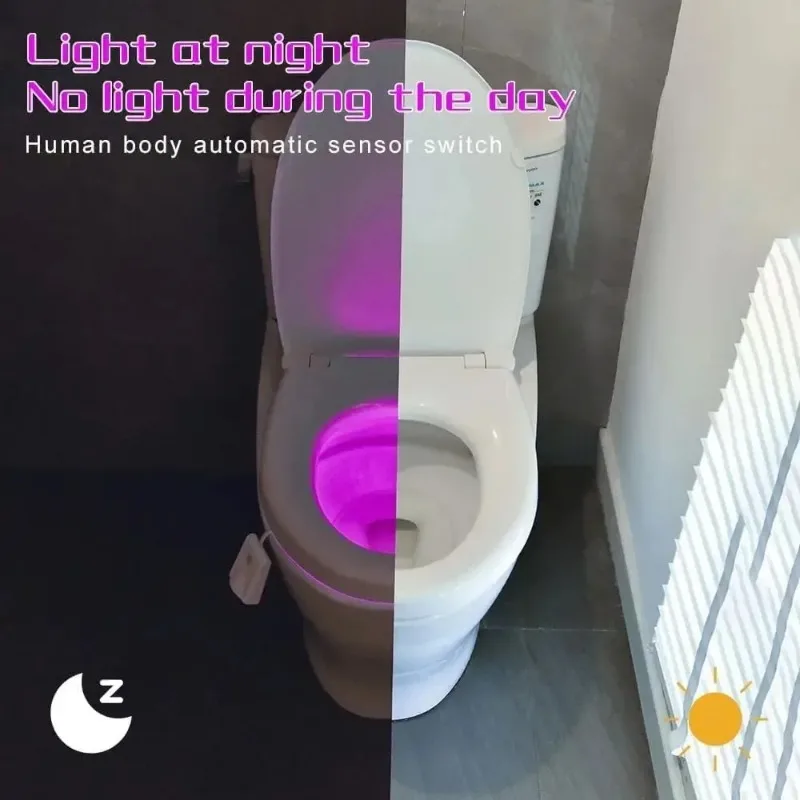 Wireless Motion Sensor LED Night Light RGB 8 Color Changing Toilet Bathroom Atmosphere Lamp Waterproof Smart On/Off Night Lamp