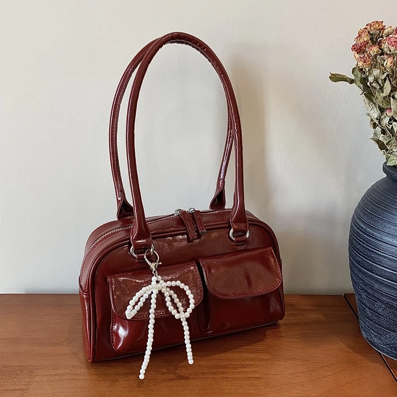 

PU Bow Solid Color Shoulder Bags Zipper Beading Female Bags on Sale 2025 New Large Capacity Exquisite Fashion Women's Handbags