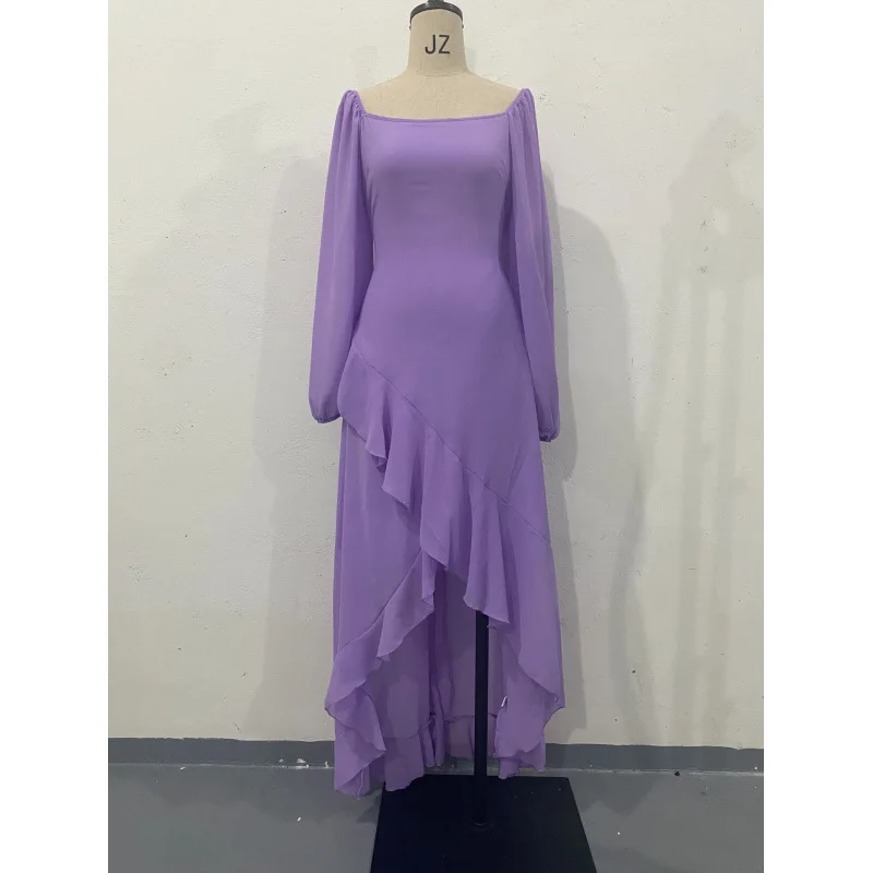 2025 europeu e americano verão novo estilo fora do ombro cor sólida manga nove quartos babados irregular vestido fino ajuste