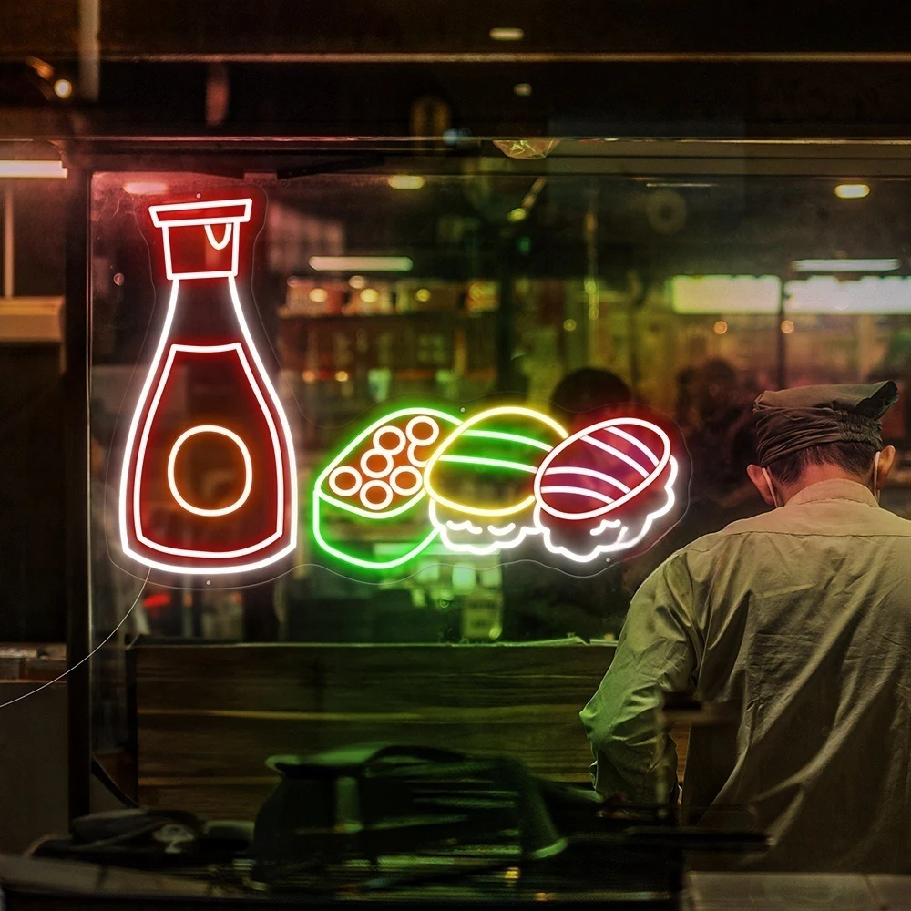 

Sushi Neon Sign Japanese Sushi Restaurant Decoration LED Neon Light Food Open Sushi Roll Set Neon Sign Home Kitchen Wall Decor